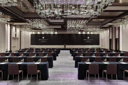 a large room with tables and chairs and a projection screen at JW Marriott Marquis Hotel Shanghai Pudong in Shanghai