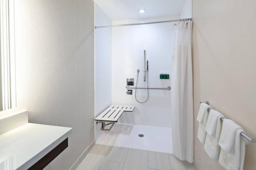 a white bathroom with a shower and a sink at SpringHill Suites by Marriott Escondido Downtown in Escondido