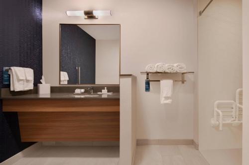 a bathroom with a sink and a mirror at Fairfield Inn & Suites by Marriott Tampa Wesley Chapel in Wesley Chapel