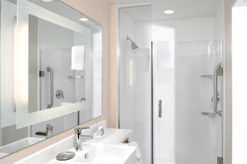a bathroom with a sink and a shower and a mirror at SpringHill Suites by Marriott Wichita Airport in Wichita