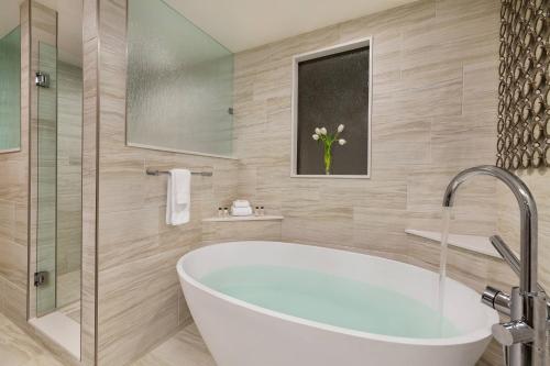 a bathroom with a tub and a glass shower at Delta Hotels by Marriott Helena Colonial in Helena