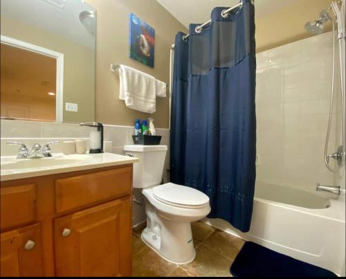 baño con aseo y cortina de ducha azul en Van Gogh Guest Rm #7 • Van Gogh 7-Private BSMT Rm in single family home en Rosedale