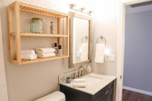 a bathroom with a sink and a mirror at License to Chill - Heated Pool, Indian Rocks Beach, Play Room in Largo