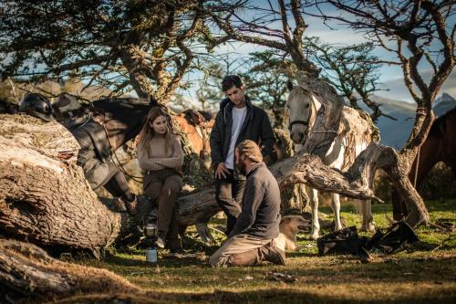 a group of people sitting on a tree branch with a horse at Pampa Lodge, Quincho & Caballos in Torres del Paine