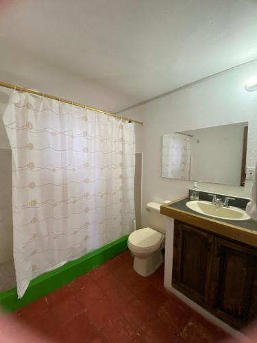 een badkamer met een toilet en een wastafel met een douchegordijn bij El paraíso in Paipa