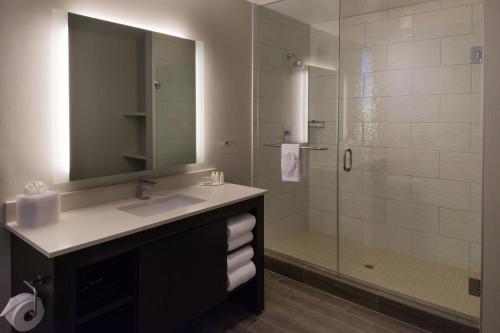 uma casa de banho com um lavatório e um chuveiro com um espelho. em Residence Inn by Marriott Palo Alto Menlo Park em Menlo Park
