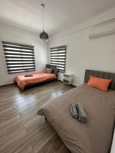 a bedroom with two beds and two windows at Villa Meropi in Paphos City