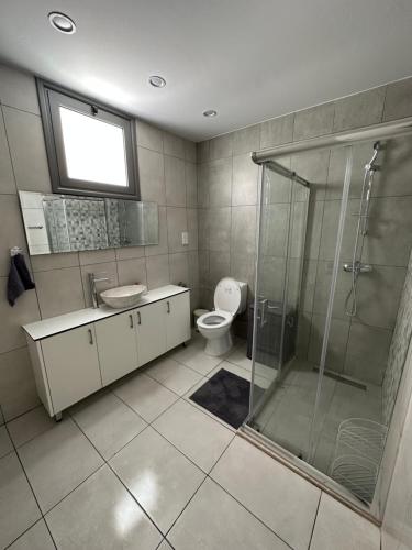 a bathroom with a shower and a sink and a toilet at Villa Meropi in Paphos City