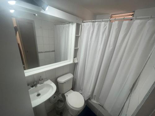 a bathroom with a toilet and a sink and a mirror at Departamento diario Copiapó in Copiapó