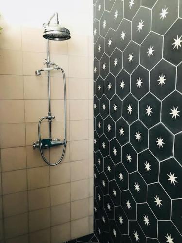 La salle de bains est pourvue d'une douche et de carrelage noir et blanc. dans l'établissement Grande Maison en bord de Seine, 1h 15de Paris, à Muids