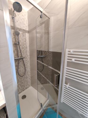 une douche avec une porte vitrée dans une salle de bain dans l'établissement Royan Condo 2bedrooms WiFi Parking, à Royan