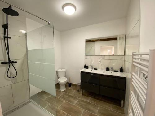 La salle de bains est pourvue de toilettes, d'un lavabo et d'une douche. dans l'établissement Maison entière lignol-le-château, à Lignol-le-Château