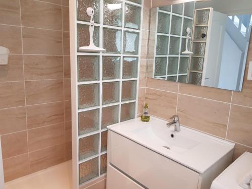 a bathroom with a sink and a mirror at Agréable maison neuve, 4 personnes, piscine bois privée du 15 juin à mi-septembre in Moëlan-sur-Mer