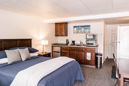 Alaska Frontier Inn في Delta Junction: غرفه فندقيه بسرير ومطبخ