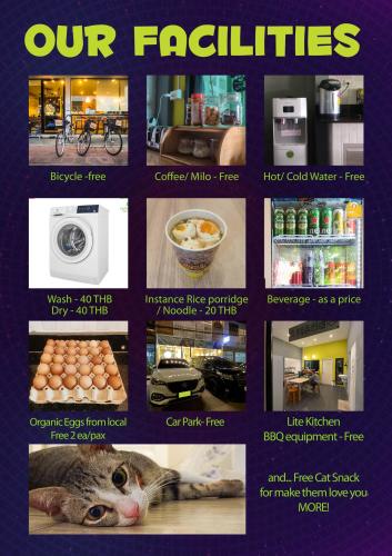 a collage of pictures of different appliances and a cat at Paknap Hostel in Nan