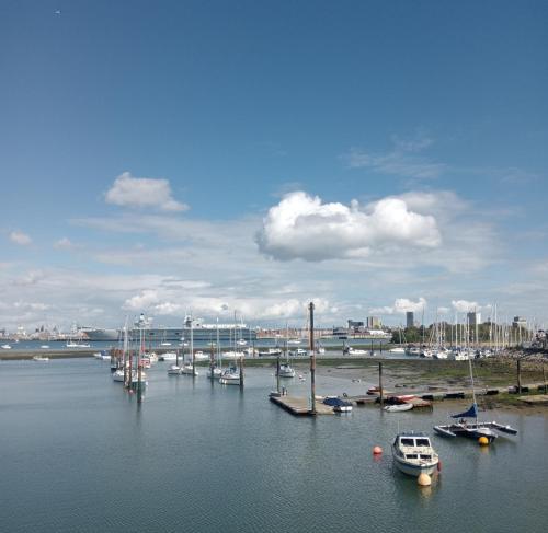 a bunch of boats are docked in a harbor at Beautiful Marina Apartment with private garden, flexible bedrooms with zip & link beds in Gosport