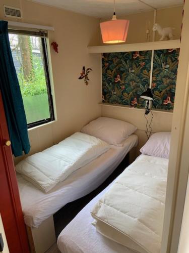 zwei Betten in einem kleinen Zimmer mit Fenster in der Unterkunft Stacaravan huren in het hart van bosrijk Drenthe op Recreatiepark De Tien Heugten in Schoonloo