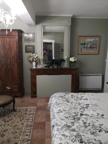 a bedroom with a bed and a mirror at Les Chambres de L'Horloge in Lectoure