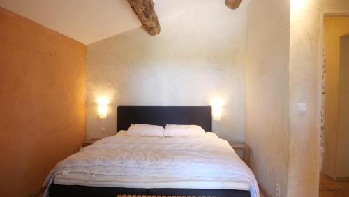 een bed in een kamer met twee kussens erop bij La Chapelle Gite avec piscine chauffee in Valréas