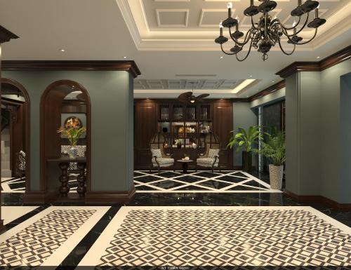 sala de estar con lámpara de araña y vestíbulo en Salute Premium Hotel & Spa, en Hanói