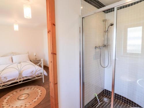 a bathroom with a shower and a bed in a room at Brodie East Cottage in Forres