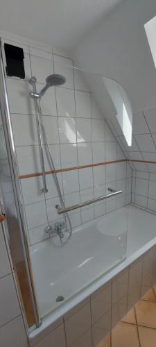 um chuveiro numa casa de banho com uma porta de vidro em AlleeSuite, Nähe Messe, RÜ, Baldeneysee, Zentral, NETFLIX em Essen
