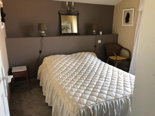 a bedroom with a white bed and a mirror at Barbazan comminges in Barbazan