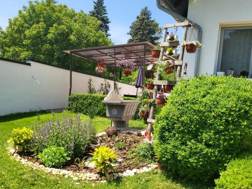 a garden with a bird feeder and a fountain at Vila Jovana in Vrdnik
