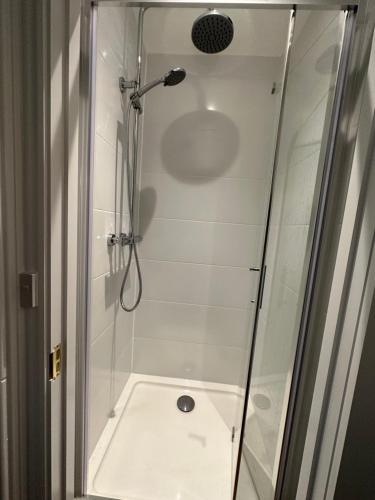 a shower with a glass door next to a toilet at Santry Studio in Dublin