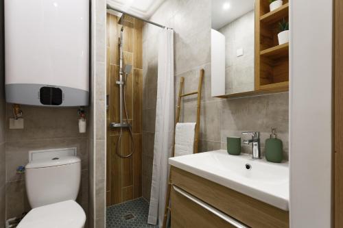 La salle de bains est pourvue de toilettes, d'un lavabo et d'une douche. dans l'établissement L'écrin, Studio Cosy, MBS, Wifi, Parking, Clim, à Montpellier