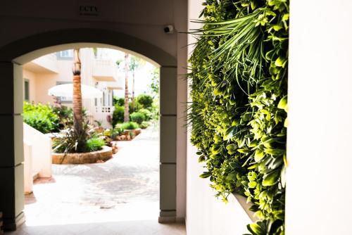 an entrance to a house with a green wall at Le Palme in Malia