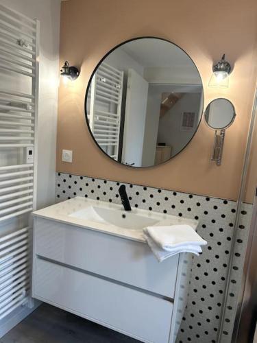 La salle de bains est pourvue d'un lavabo et d'un miroir. dans l'établissement Neptune - SILS, à Douvres-la-Délivrande