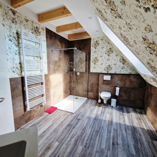 a bathroom with a shower and a toilet at DM Hotels & Apartments - Apartment Rasenweg in Dingelstädt