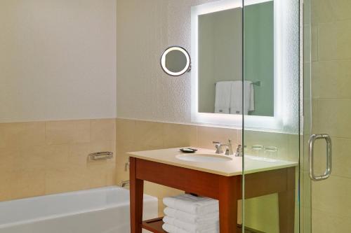 a bathroom with a sink and a tub and a mirror at The Westin Tampa Bay in Tampa