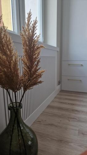 a green vase with a plant in a room at Alfama Garden in Grudziądz
