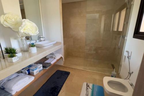 a bathroom with a toilet and a sink and a shower at Villa Jack Beach in Tamaris