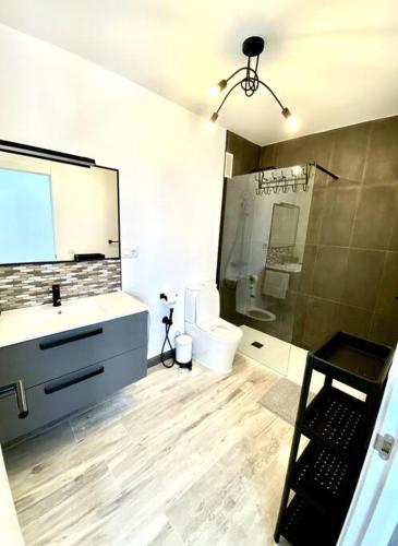 a bathroom with a sink and a toilet and a shower at Apartamento en el centro San Fernando Cadiz. in San Fernando