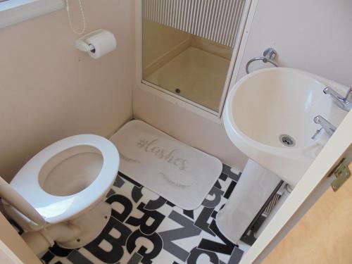 a bathroom with a white toilet and a sink at Golden Sands: Mirage IIII:- 6 Berth, Access to the beach in Ingoldmells