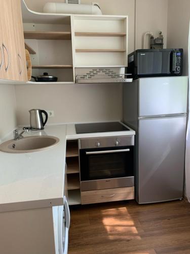 una pequeña cocina con fregadero y microondas en Valdemāra apartamenti en Valmiera