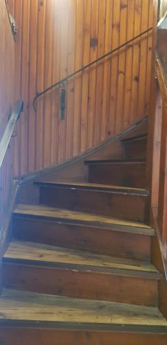 a set of stairs in a room with wooden walls at Ferienwohnung MAI in Glauchau