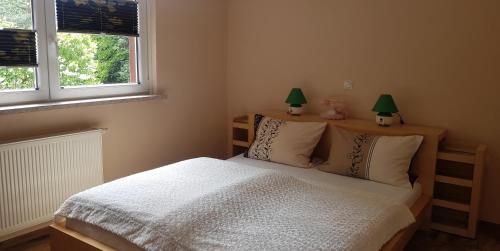 a bedroom with a white bed and two windows at Ferienwohnung MAI in Glauchau