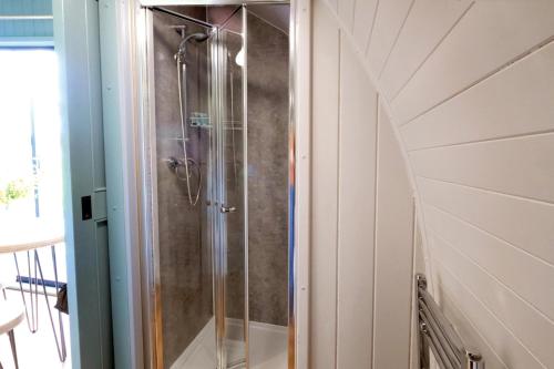 eine Dusche mit Glastür im Bad in der Unterkunft Ocean View 4 - 1 Bedroom Modern Pod - Llanrhidian in Llanrhidian