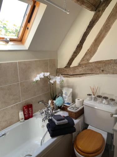 a bathroom with a toilet and a bath tub at Self catering cottage in Market Bosworth in Market Bosworth