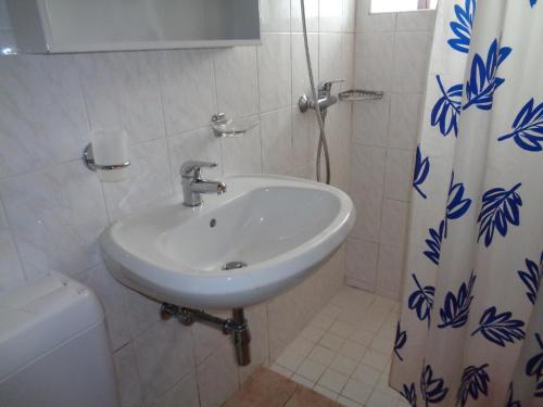 Menzonio的住宿－Lucciola 1，浴室配有水槽、卫生间和浴帘