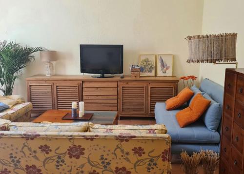 un soggiorno con divano blu e TV di Acogedora Suite con entrada independiente a El Puerto de Santa María