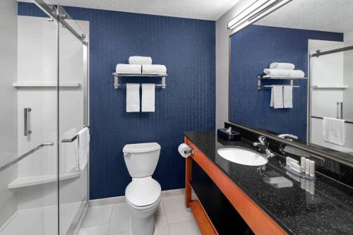 a bathroom with a toilet and a sink and a mirror at Fairfield Inn & Suites Denver Airport in Denver