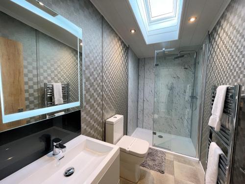 y baño con aseo, lavabo y ducha. en Luxury Lakeside Lodge with HTub Beautiful Views en Annan