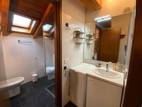 a bathroom with a sink and a toilet and a mirror at Lory apartment in Bardolino