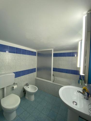 a blue and white bathroom with a toilet and a sink at Sunny loft with terrace and Jacuzzi in the city centre in Palermo