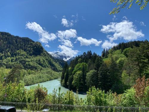 a river in the middle of a valley with trees at Pension Steakhaus Füssen in Füssen